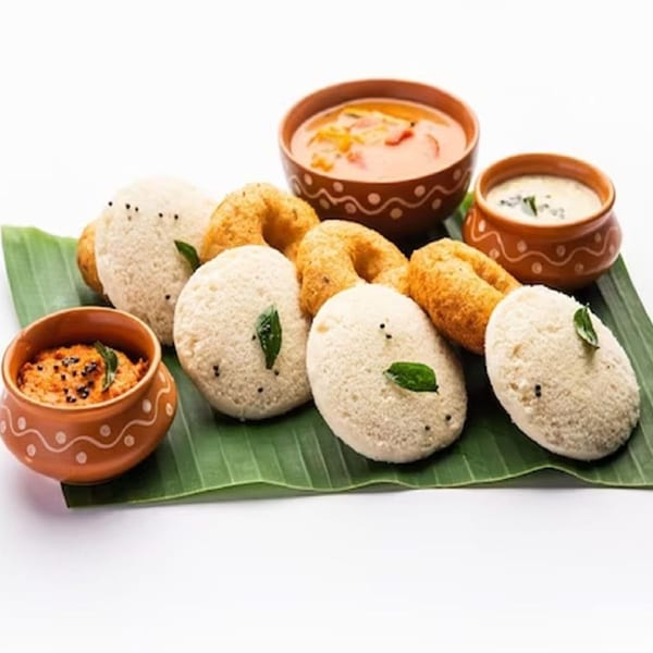 Indian breakfast platter with idli, vada, sambar, and chutneys on a banana leaf.