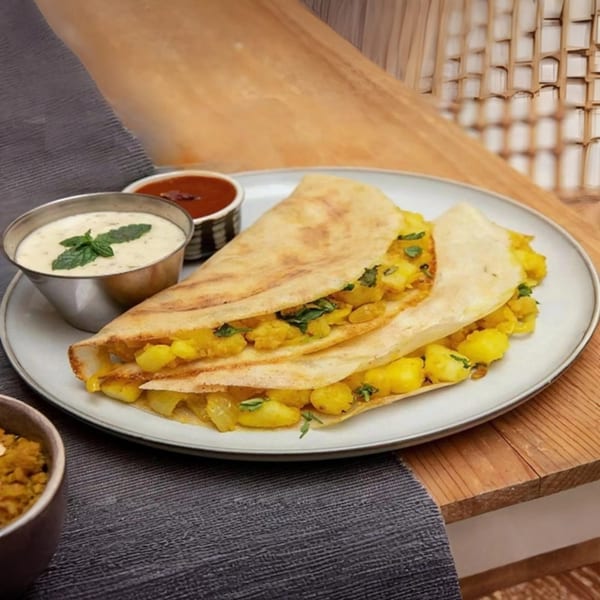 Two Indian dosas filled with potato curry and served with two dipping sauces on a white plate.