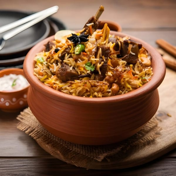 A clay pot filled with Garnish Restaurants' Indian biryani, featuring meat, rice, and spices.